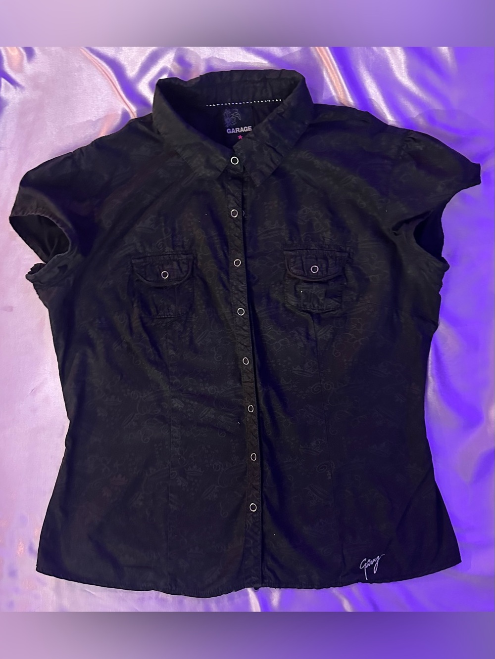 Vintage 2000s Garage Cyber Y2K Mall Goth Doodle Print Snap Top M